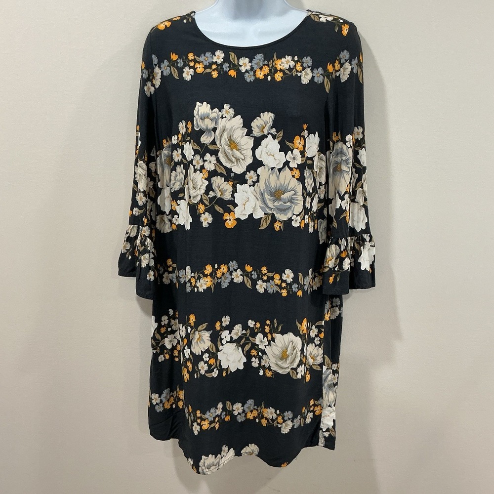 Old Navy Gray Floral Tunic Dress Sheath Shift Cottagecore Bell Sleeve Size M